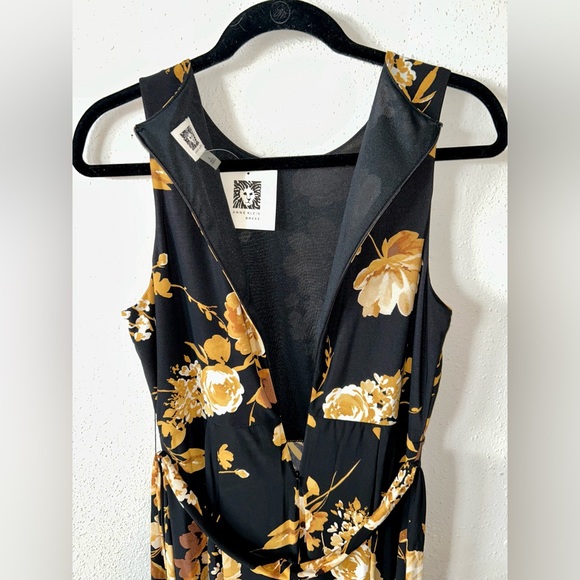 NWT Anne Klein black/mustard yellow floral tie waist sleeveless midi dress sz 6 - Picture 6 of 10